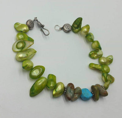 Green shell, 2-toned turquoise, sterling silver, XL bracelet. unisex. 8.5