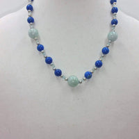 Jadeite, pearl, aquamarine, & sterling silver necklace. 20" Matinee length.