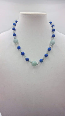 Jadeite, pearl, aquamarine, & sterling silver necklace. 20