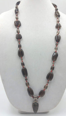 Bold, Unisex, smoky quartz, coral, sterling silver, labradorite, pendant necklace hand-knotted with crimson silk. 36