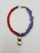 Red coral, tanzanite, & white pearl sterling silver bracelet. 6.5" Length..