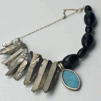 SOLD' Adjustable onyx, quartz, sterling bracelet with butterfly wing pendant. 7.25-9"