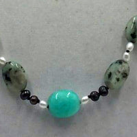 Kiwi agate, bi-tone freshwater cultured pearls & amazonite necklace on black silk.