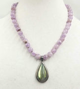 Sold. Lavender jadeite necklace with large labradorite pendent, sterling silver, hand-knotted with coppertone silk. Sold.