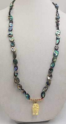 Love Owls? Abalone and 14KYG long necklace with highly carved bone owl pendant. 35