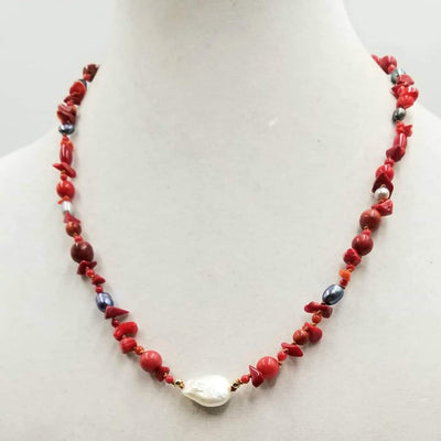 14KYG, Necklace of coral & pearls, on copper-tone silk. 21