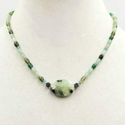 Past Work. Adjustable, sterling silver, jadeite, prehnite, & apatite necklace on silk.  17