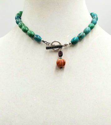 Past Work, Sterling silver, aventurine, toggle choker on silver silk with garnet and jasper pendant. 15.75