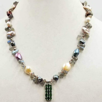 A chrome diopside pendant shows off on this adjustable, sterling silver, labradorite & multi-color pearl necklace on tangerine silk. 18.5-22.5