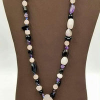 Rose quartz, amethyst, & onyx pendant medallion necklace on periwinkle silk. 23" Length.