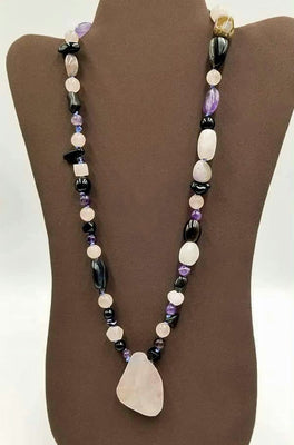 Rose quartz, amethyst, & onyx pendant medallion necklace on periwinkle silk. 23