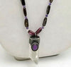 Dyed Mother of Pearl, and amethyst long men's quartz crystal pendant necklace on white silk.35"