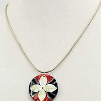 Mod floral mother of pearl & coral sterling silver pendant necklace.
