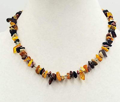 14KYGold, Baltic amber & Mookalite Jasper necklace on sky blue silk. 18.5
