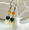 Sterling Silver, Baltic amber, vintage spinach nephrite, jade, & Mother of Pearl dangle earrings