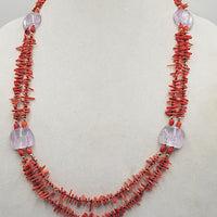Bold, Mid-century style, 2-Strand Red coral & Rose de France Amethyst, with 14KYG clasp & hand-knotted verde silk, necklace.