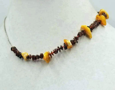 Adjustable, bi-tone Baltic amber, sterling silver, men's unisex necklace knotted with crimson silk. 15.5 - 17