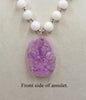 Lavender jadeite carved amulet with graduated white jadeite beads, 14KYG, necklace master hand-knotted periwinkle silk.