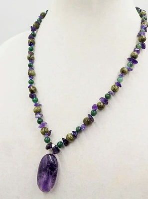 Adjustable, sterling silver, amethyst, jadeite, connemara marble necklace on Hand-knotted sky blue silk. 21