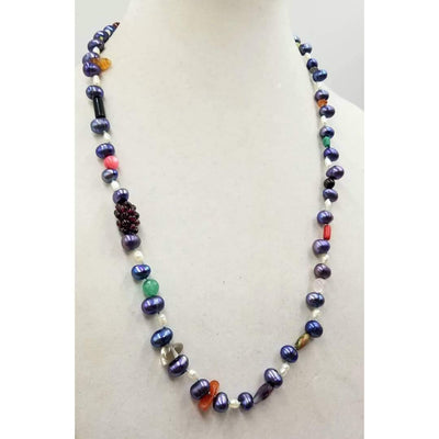 Beautiful, multi-color, multi-stone rope necklace, hand-knotted with sky blue silk. 26