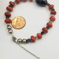 Adjustable, multi-stone, coral & sterling silver, bracelet with agate, amethyst, citrine, garnet, moonstone & iolite. 7.75" - 10".