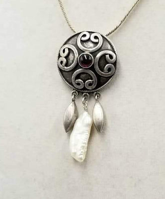 Gothic, yet sweet. Sterling silver chain & pendant necklace with pearls & garnet.  18
