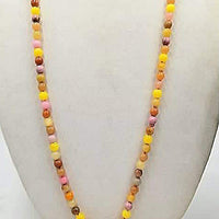 Unusual & gorgeous necklace. Precious yellow, peach, & orange jadeite, rhodonite, and dyed quartz necklace, hand-knotted with crimson silk.  39" with 4" focal.