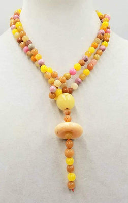 Unusual & gorgeous necklace. Precious yellow, peach, & orange jadeite, rhodonite, and dyed quartz necklace, hand-knotted with crimson silk.  39