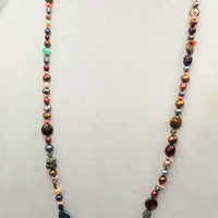 Opera length multicolor pearl, coral, labradorite, sunstone, citrine, and chrysopraise on scarlet silk with 14KYG clasp and accents.