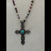 Multicolored pearl and garnet rope necklace filigree sterling and turquoise cross pendant.