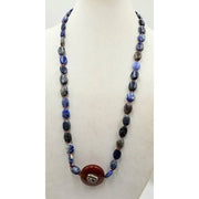 PRICE REDUCED Dumorterite and carnelian with sterling eye of horus long rope necklace on crimson silk.