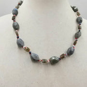 PRICE REDUCED Bold unisex, sterling labradorite, agate, and moonstone necklace on crimson silk.