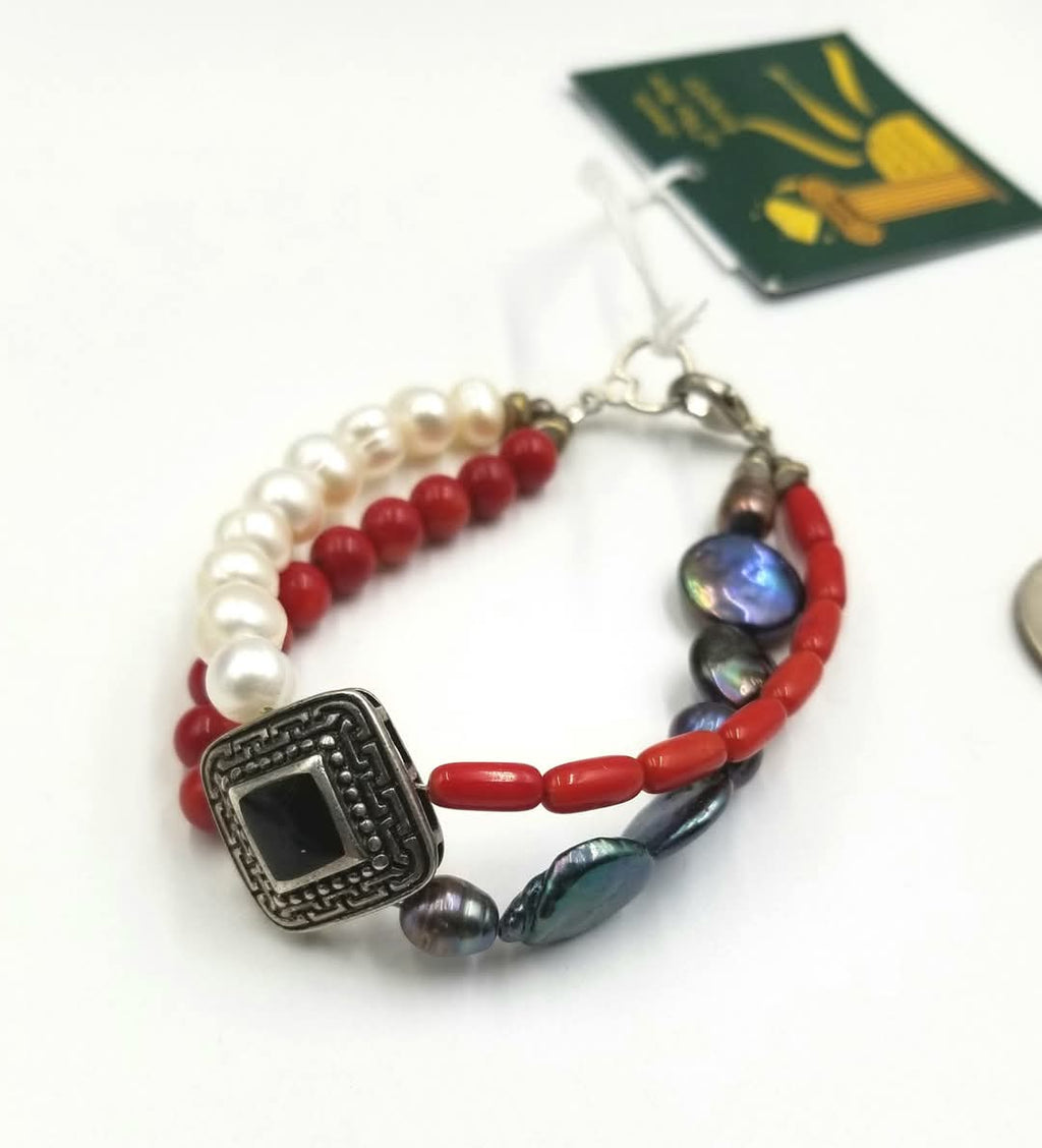 Pathways 2-strand coral, pearl, onyx, and sterling silver bracelet.