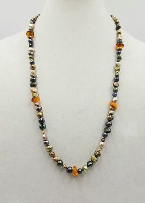 Multicolored pearl, 14kyg, and Baltic amber necklace.