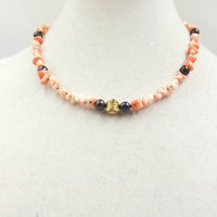 PRICE REDUCED 14KYG, angelskin coral, black pearl necklace.