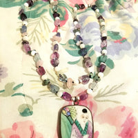 PRICE REDUCED Flurite, MOP, Amethyst, aventurine, and sterling silver porcelain pendant necklace on silk