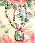 PRICE REDUCED Flurite, MOP, Amethyst, aventurine, and sterling silver porcelain pendant necklace on silk