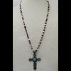 Multicolored pearl and garnet rope necklace filigree sterling and turquoise cross pendant.