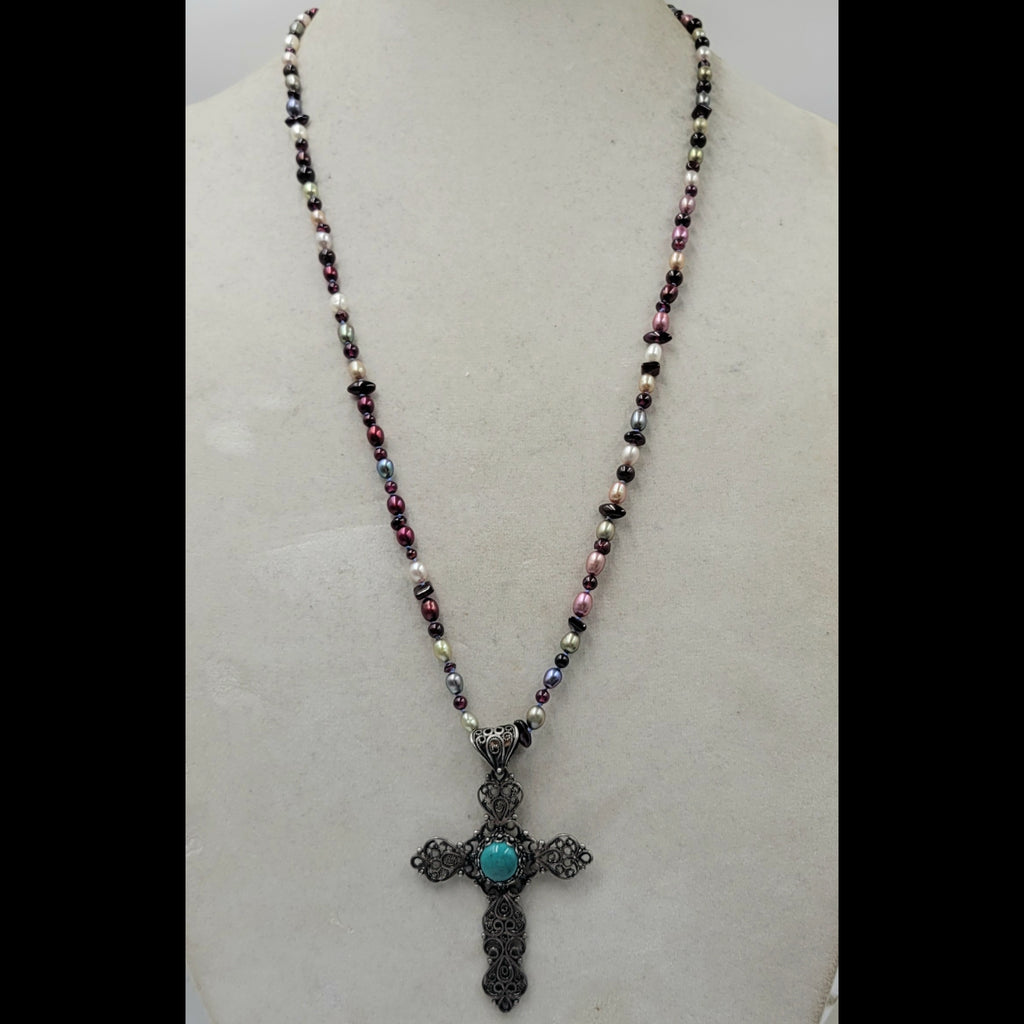 Multicolored pearl and garnet rope necklace filigree sterling and turquoise cross pendant.
