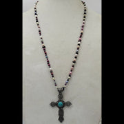 Multicolored pearl and garnet rope necklace filigree sterling and turquoise cross pendant.