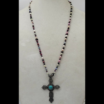 Multicolored pearl and garnet rope necklace filigree sterling and turquoise cross pendant.