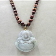 Serene laughing jadeite Buddha, high luster bronze pearls, and 14kyg