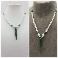 Serene moonstone, vintage jade, and 14kyg lucky horn pendant necklace.