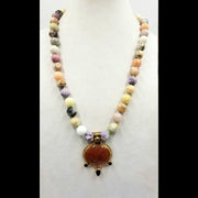 PRICE REDUCED Massive pastel jasper, aventurine, and agate necklace with vermeil garnet and glass amulet.