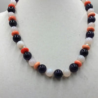 PRIDE REDUCED Chalcedony, amethyst, coral, sterling silver, on black silk necklace.