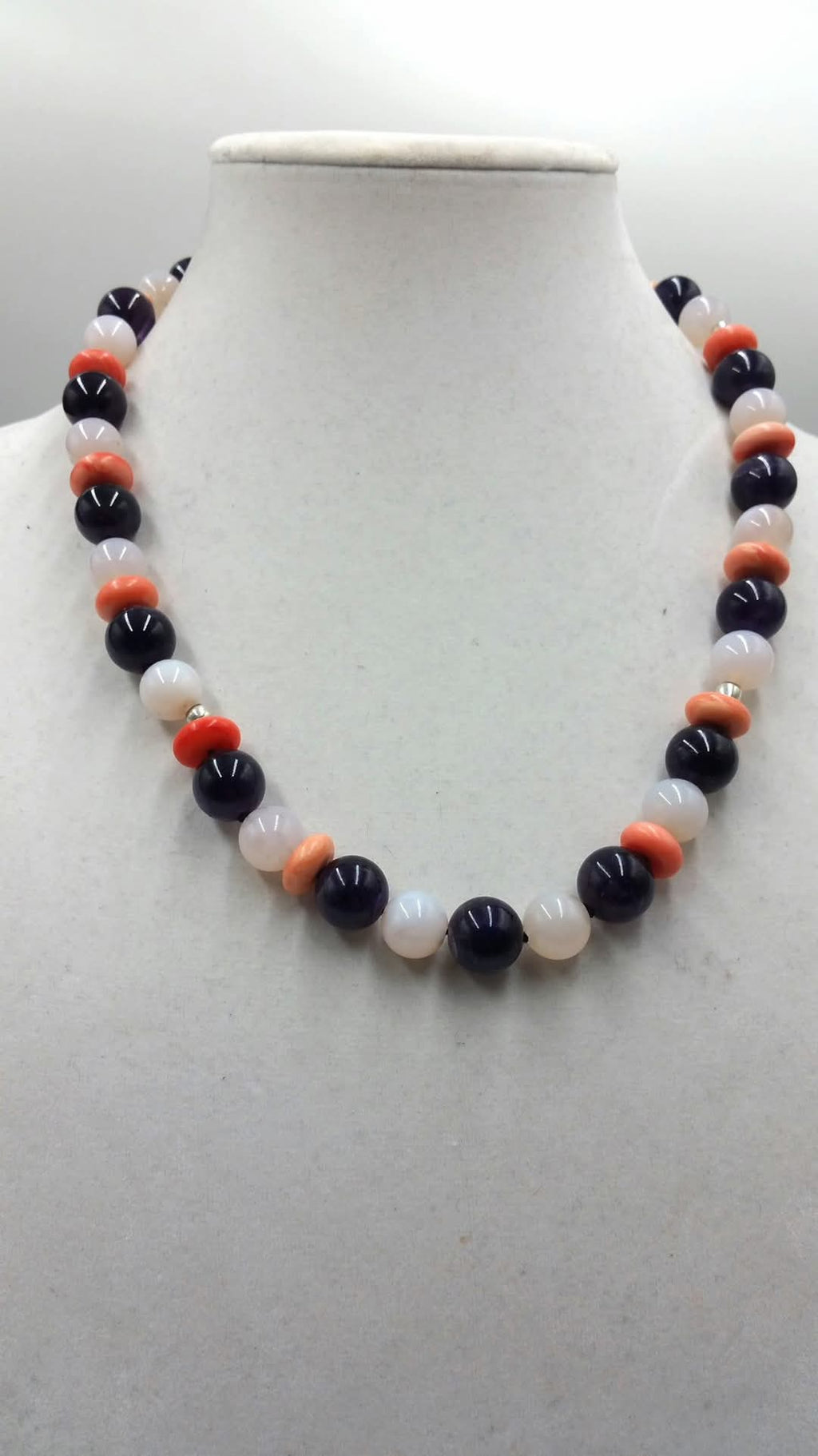 PRIDE REDUCED Chalcedony, amethyst, coral, sterling silver, on black silk necklace.