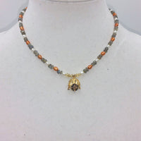 Labradorite, pearl, and smokey quartz 14kyg and 14kyg necklace.