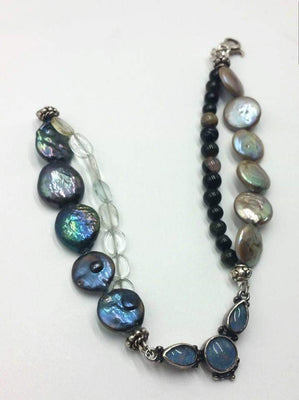Past Work - Pearl, aquamarine, tourmaline, 2-strand bracelet with glass opal. 8.5