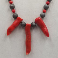Coral, Druzy agate, silk, statement necklace