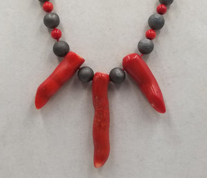 Coral, Druzy agate, silk, statement necklace